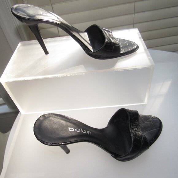 Bebe Black Croc-Embossed Slip-On Stiletto Heels | Sexy Minimalist Mules Size 9M - Picture 6 of 7